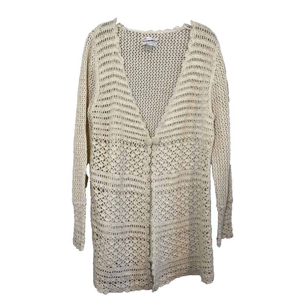 Hand Crochet Knit Sweater Cardigan L Metallic Coastal Preppy Classic Lagen Retro